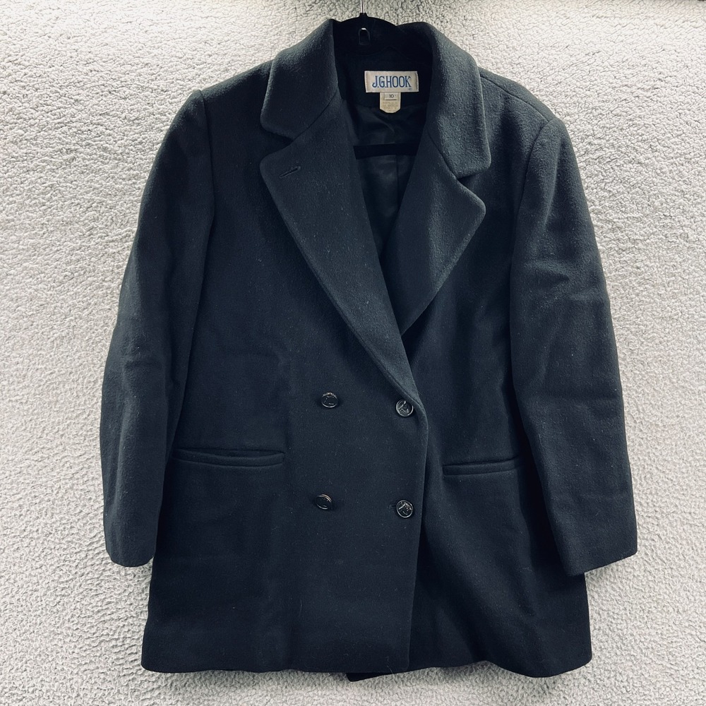 Vintage JG Hook Womens Coat 10 Black Wool Double Breasted Peacoat Classic Winter